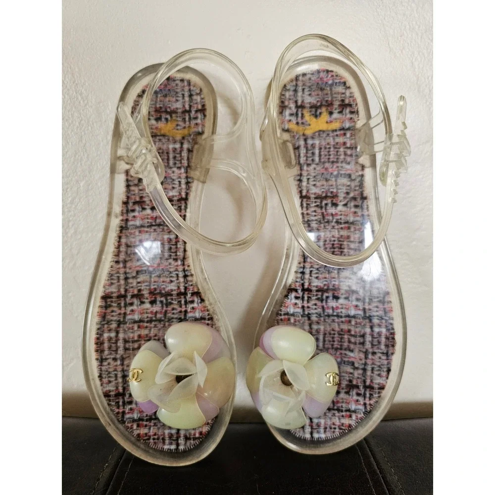 CHANEL Pink CC Clear Camelia Jelly Strap Flip Flops Flat Sandals EU 37 US‎ 6.5
